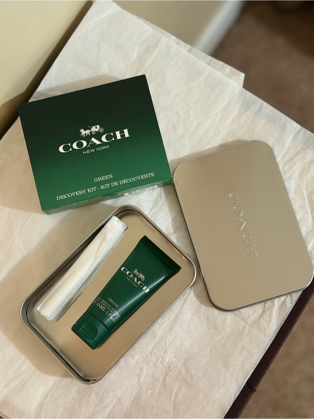 COACH Green Travel Bath & Body Set with Silver Tin